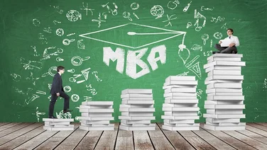 man walking up piles of papers to a man sitting at the top of a pile with MBA graphic in background