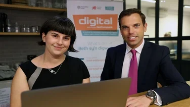 Ken Skates AM greets IoT expert and keynote speaker Alexandra Deschamps Sonino at Digital