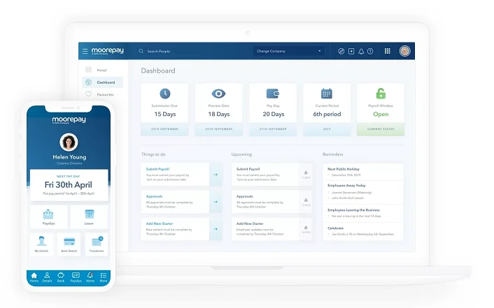 Moorepay dashboard displaying payroll overview with employee details