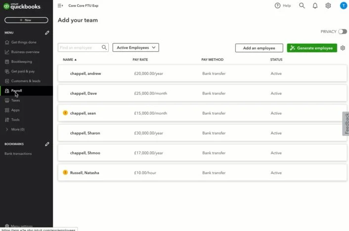 QuickBooks payroll software interface for managing employee wages and payments