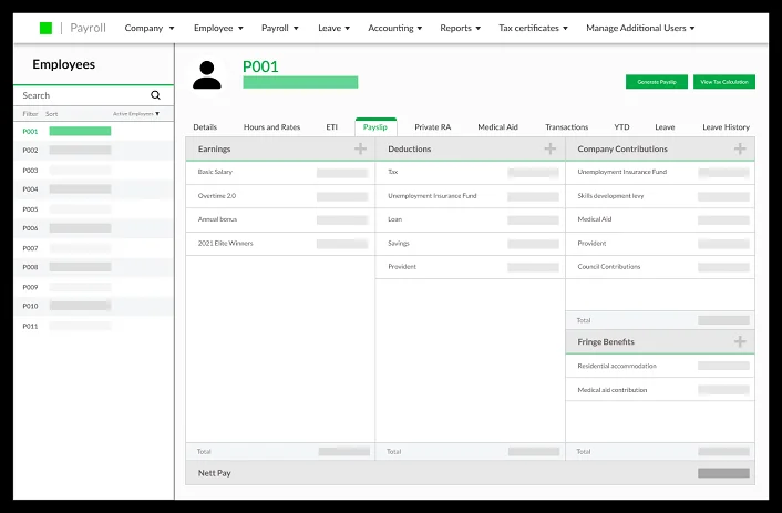 Sage accounting software interface displaying employee payroll information