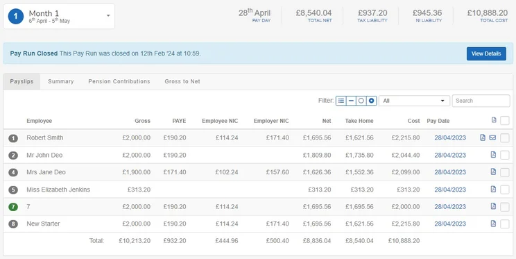 Staffology payroll software dashboard showing employee pay run details