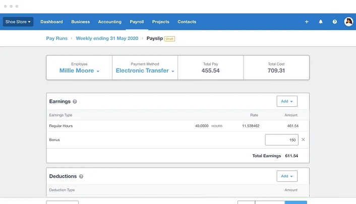Xero payroll platform showing employee earnings, deductions and pay calculations