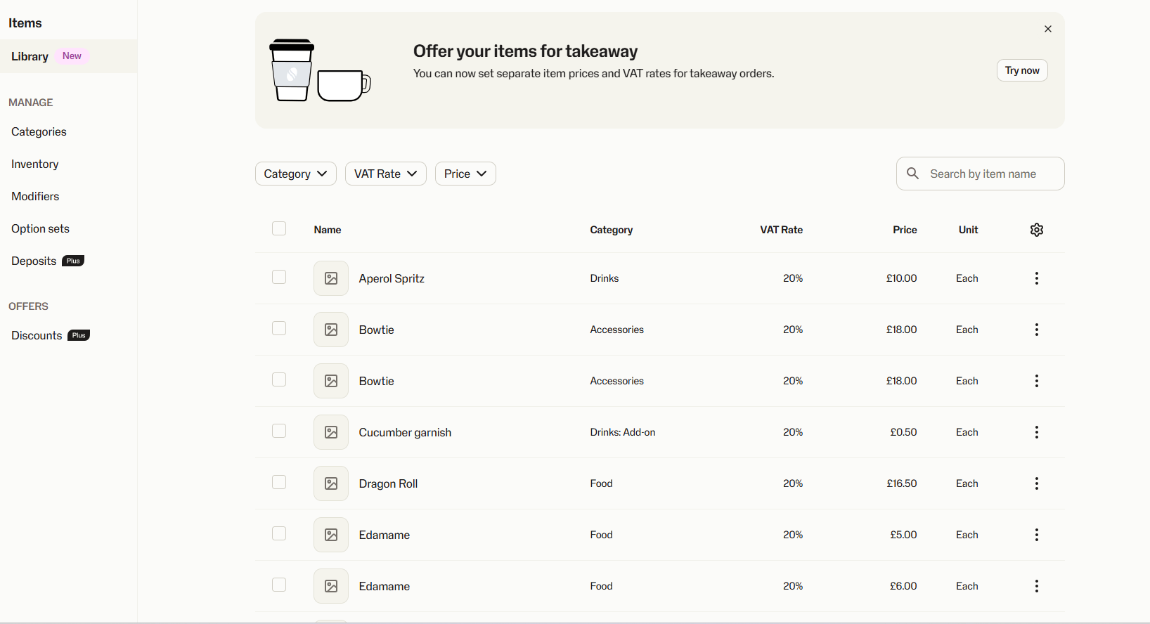 A screenshot of the items section of SumUp's POS back office.
