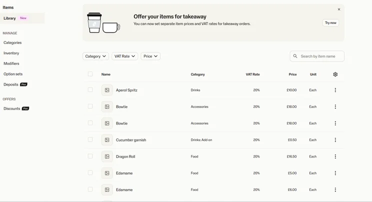 A screenshot of the items section of SumUp's POS back office.