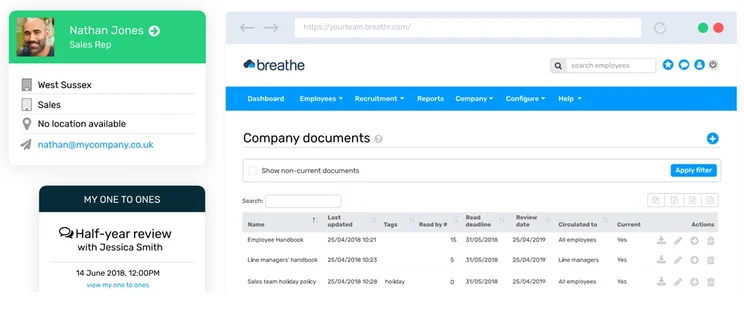 Breathe HR dashboard displaying company documents and employee information