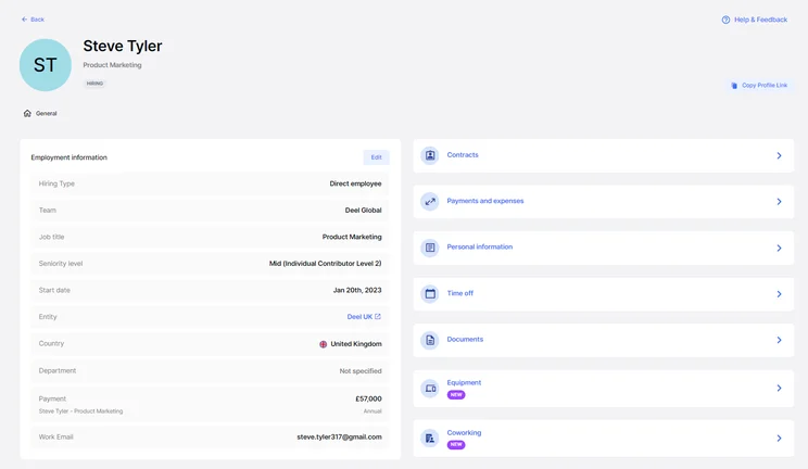 Deel employee profile card displaying employment and payment details