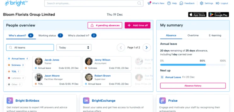 BrightHR people overview showing absences and working status