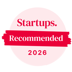 The Startups "Recommended" award is a pink circle with a brushstroke in the center displaying the words "Recommended", with the Startups logo on top, and the year 2026 at the bottom.