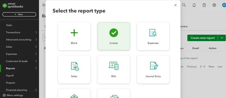 QuickBooks custom reporting interface showing report type selection options