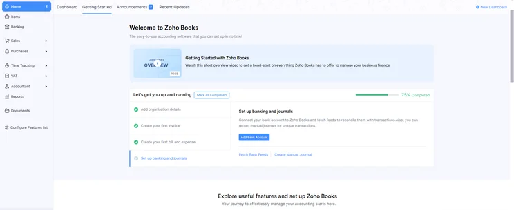Zoho Books accounting dashboard with home and navigation menu