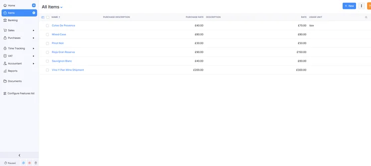 Zoho Books inventory management interface showing wine products with purchase rates and usage units.