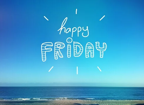 Happy Friday graphic over a blue sky and sea background