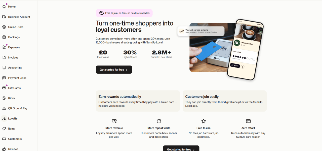 A screenshot of the loyalty features available in SumUp's back office. 