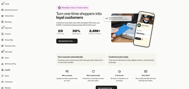 A screenshot of the loyalty features available in SumUp's back office.