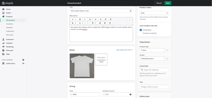 Example of interface where inventory can be managed on Shopify. Example shows inventory being logged in for a white t-shirt