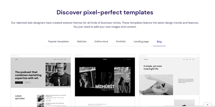Hostinger website builder screenshot of templates for blogging