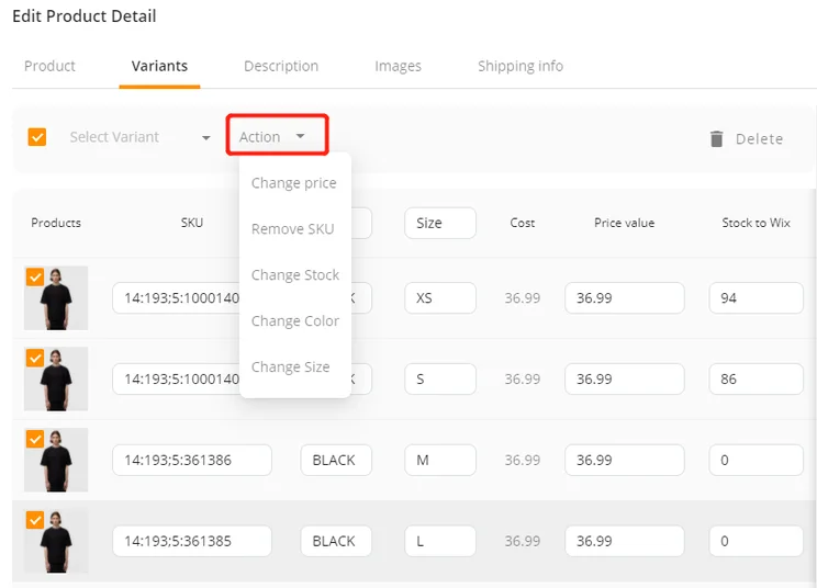 DSers interface screenshot showing the Variants page with a t-shirt as a product example, showing how you can alter size, cost, price value, and Stock to Wix