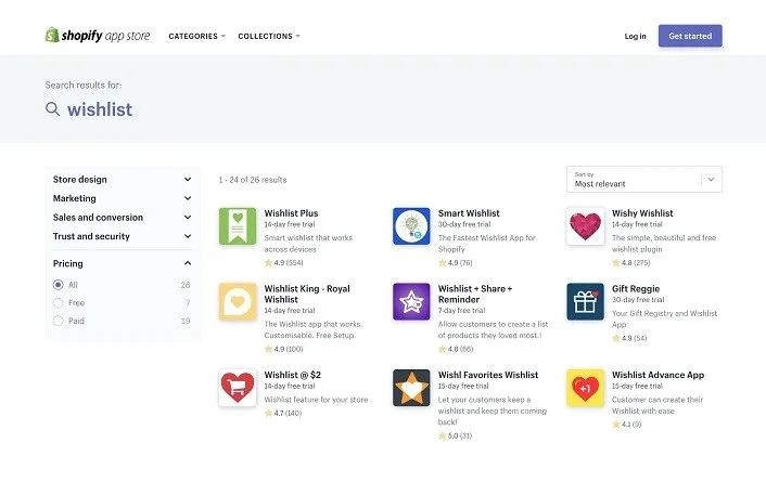 Screenshot of Shopify app store, showing most relevant apps for search result 'wishlist'. 