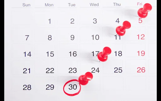 Dates marked on a calendar with pins