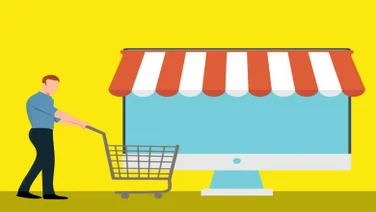 Animation of a man with shopping trolley next to a computer with an awning