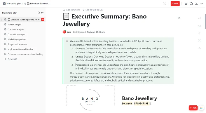 Example Executive Summary template for a marketing plan for an invented jewellery business