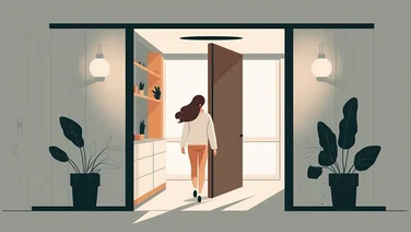 Young woman leaving the room. Generative AI