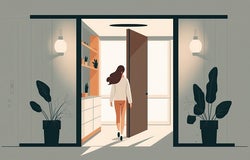 Young woman leaving the room. Generative AI