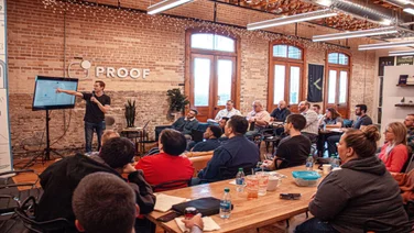A speech being presented in front of an audience