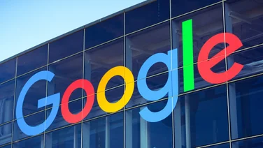 A shot of the outside of Google's office, with the logo displayed prominently.