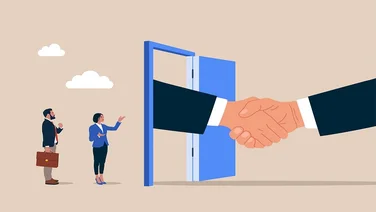 Handshake welcome and introduce new staff to team. Warm welcome to new office. Flat vector illustration