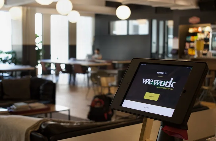 Detroit, July 26, 2019: Interior of WeWork Office in Downtown Detroit, featuring a digital sign in pad