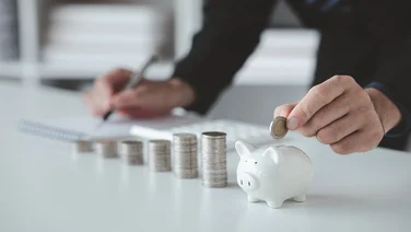 Person with pile of coins and piggy bank, money saving concept for future use and financial stability, salary management, personal finance, investment savings.