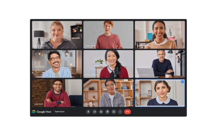 Google Meet grid view displaying nine video call participants in separate tiles with controls