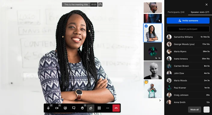 Jitsi video conferencing platform showing participant grid with participant list and meeting controls