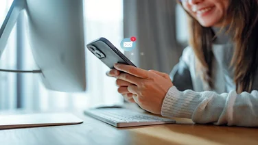 Woman hands using smartphone with 1 new email alert sign icon pop up, Female using phone for check email for work or sending text SMS short message at home, Online communication concept