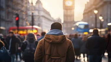 crowd of people walking in street. location inspired in london