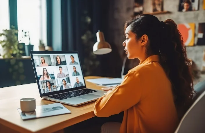Woman in yellow shirt participating in video conference call with multiple colleagues on laptop screen