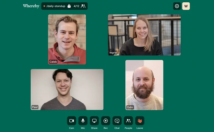 Whereby daily standup meeting interface with four named participants in separate video tiles