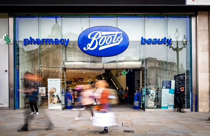 London- Boots, British high street pharmaceuticals &amp; beauty retailer exterior logo / signage.