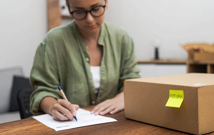 Woman completing return documentation for cardboard box labelled 'RETURN'