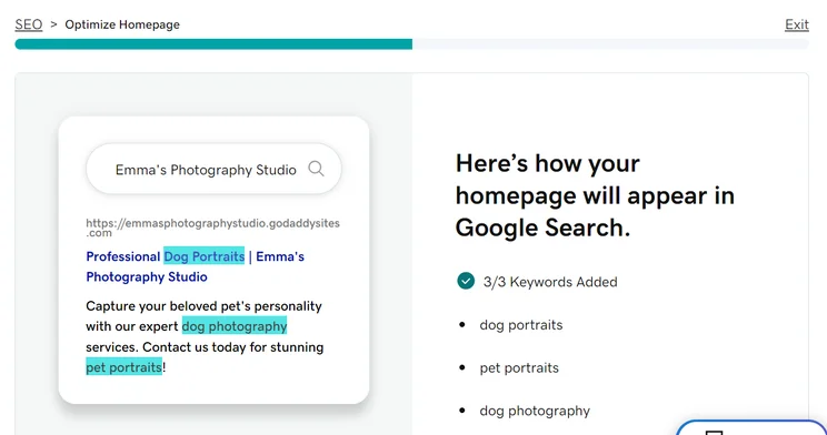 GoDaddy's personalised SEO feature for a photography studio website