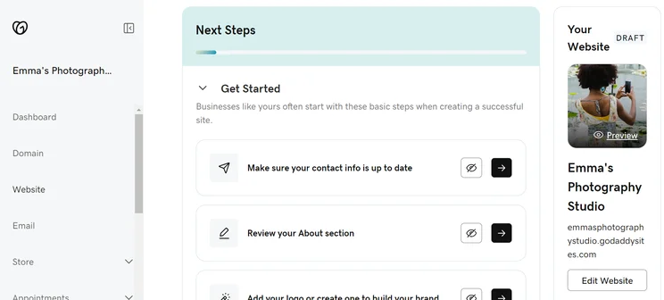 GoDaddy website builder dashboard displaying onboarding steps for new users
