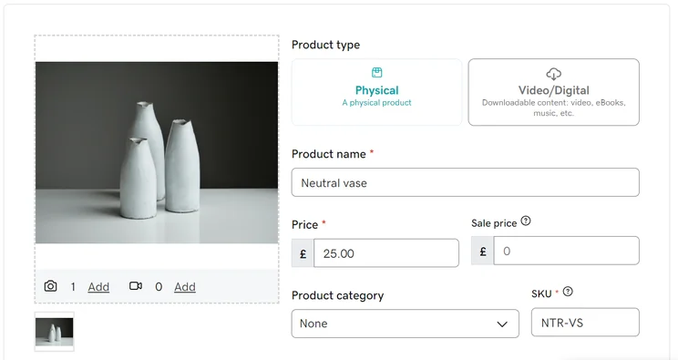 GoDaddy product page editor interface