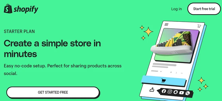 Homepage advertising the Shopify Starter plan