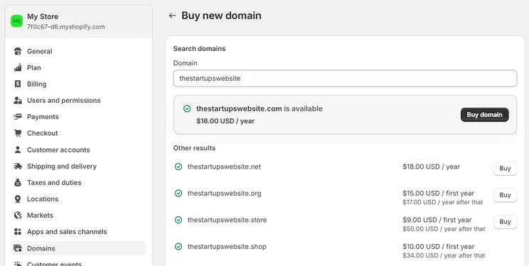 Shopify account settings page for buying a new domain name, showing pricing options