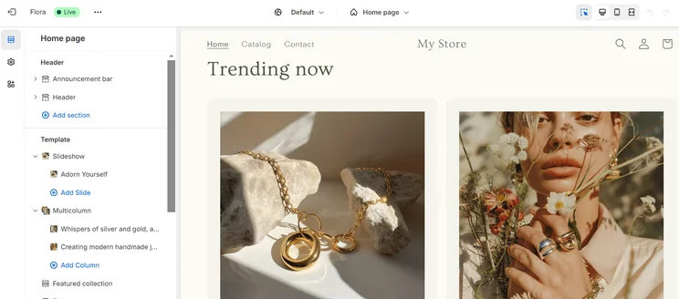 Shopify store editor displaying page structure and trending products section