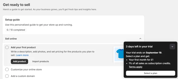 Shopify account notification showing three-day free trial remaining before payment