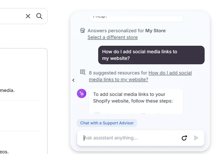 Shopify live chat support assistant answering question about social media links
