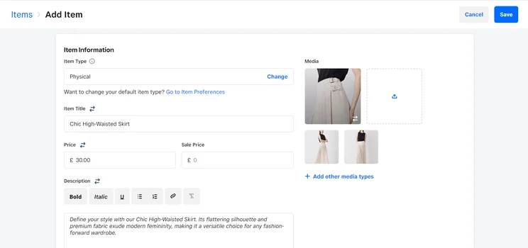 Square Online add product form showing item title and pricing fields